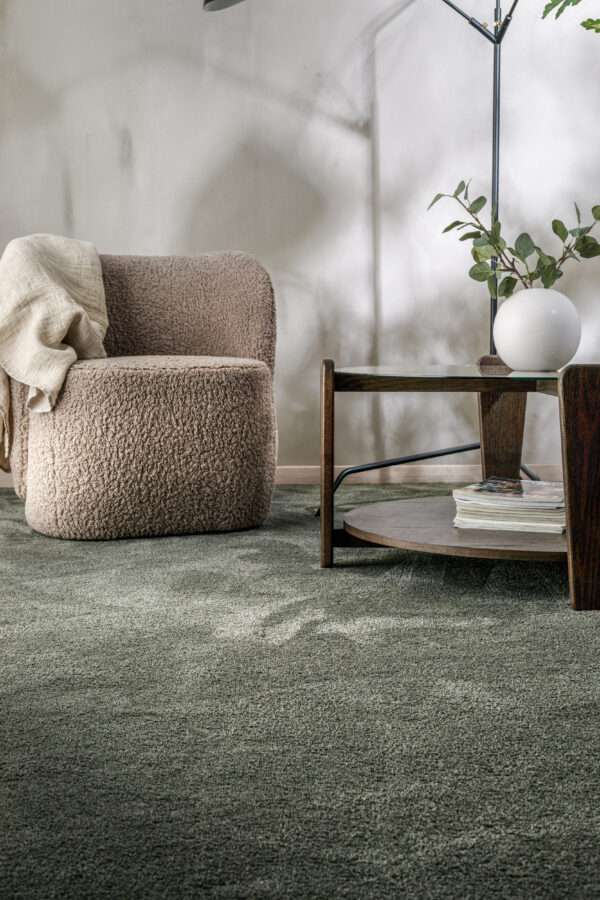 Grønt vegg til vegg teppe i stue