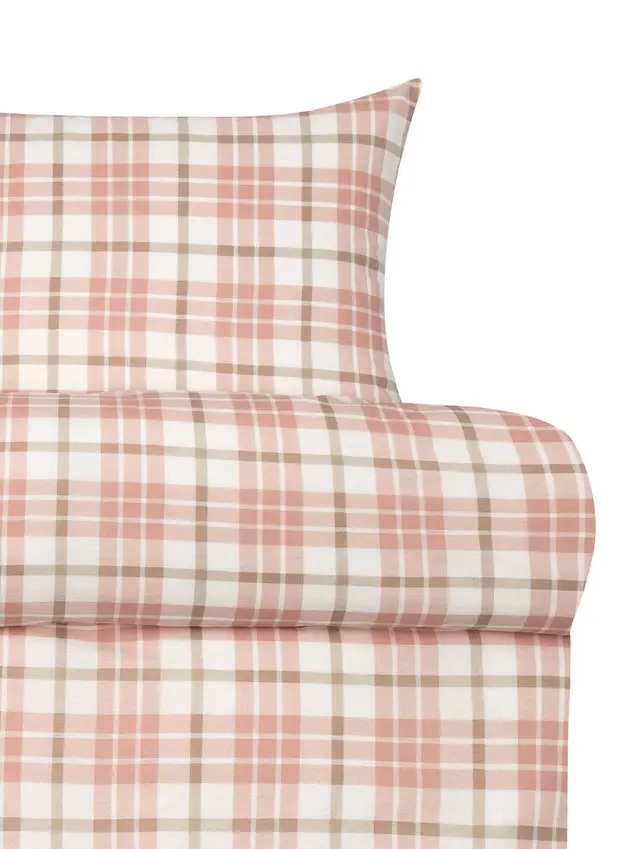 Lukas sengesett i varm rosa flanell – 100 % bomull, mykt og pustende med klassisk rutemønster. Perfekt for kalde netter og lun stil.