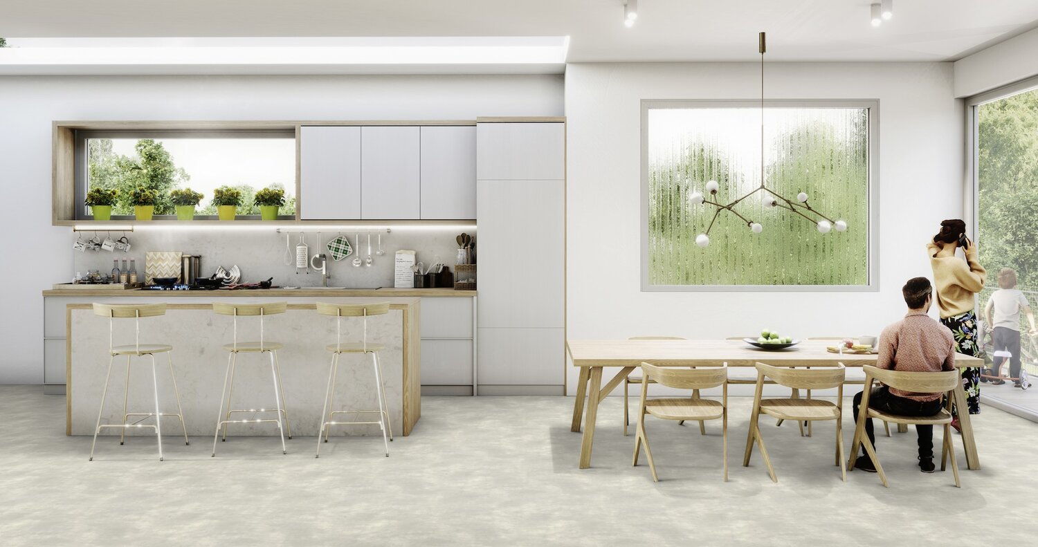 Konkret Dove gulvbelegg – moderne uttrykk i åpent kjøkken og stue