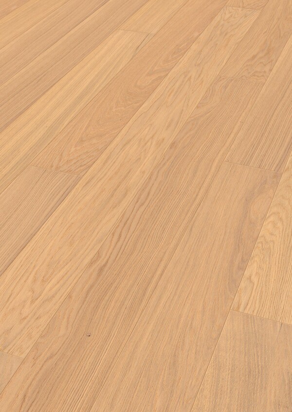 Nærbilde av Parkett Eik 1-stav plank Select børstet Ultramattlakk – jevn struktur og lys eikefarge (MeisterParquet PD 400)