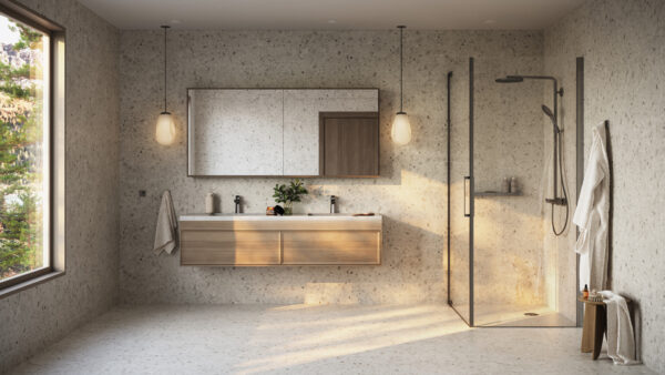 Moderne baderom med Tarkett Aquarelle Brecciastone Beige