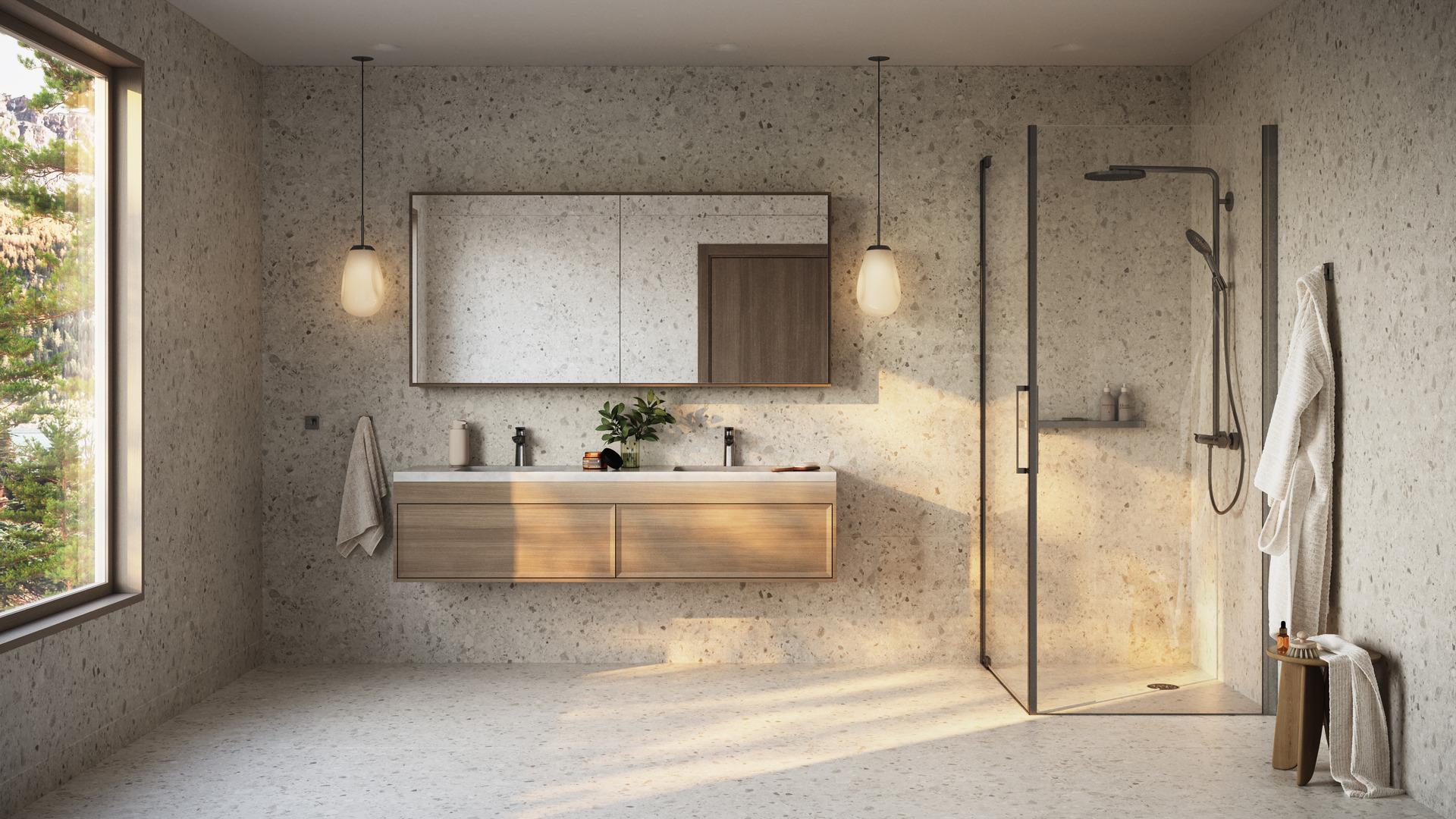 Moderne baderom med Tarkett Aquarelle Brecciastone Beige