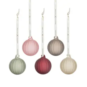 HG Jul glasskuler frostet mini 5 pk fra Hadeland Glassverk – fem små julekuler i matte, frostede farger med silkebånd.