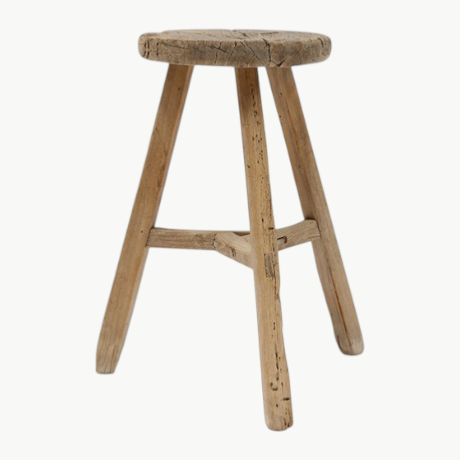 Rund vintage krakk i massivt tre med naturlig patina og tre ben