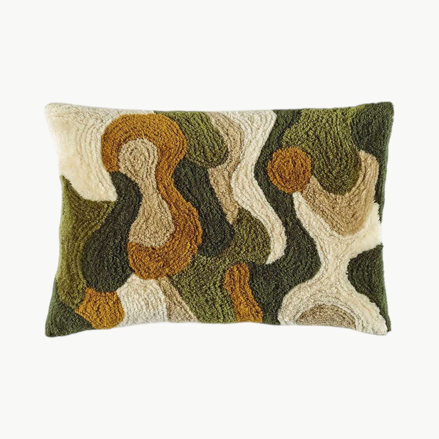 Pyntepute med abstrakt mønster i grønne, beige og gyldne toner, 30 x 45 cm