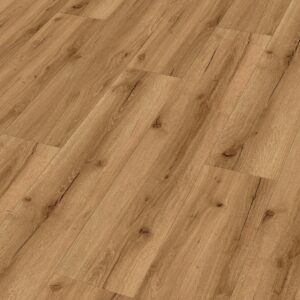 Klikkvinylgulv i eikedekor Sunset lounge med brun trestruktur