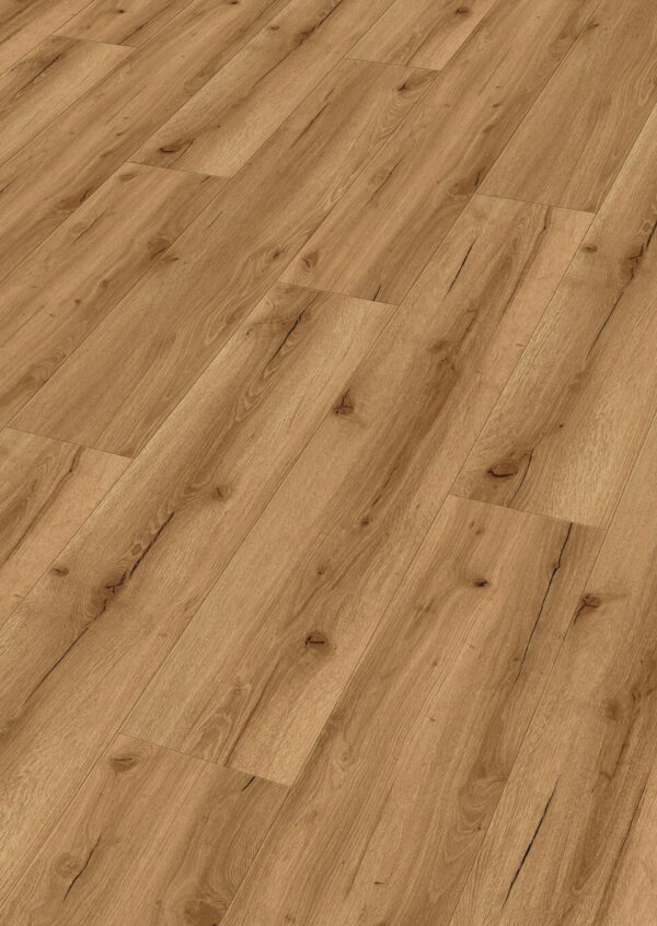 Klikkvinylgulv i eikedekor Sunset lounge med brun trestruktur