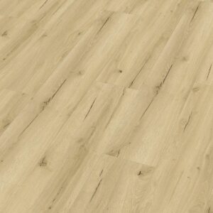 Klikkvinyl gulv i lys eik med naturlig trestruktur og kvistdetaljer