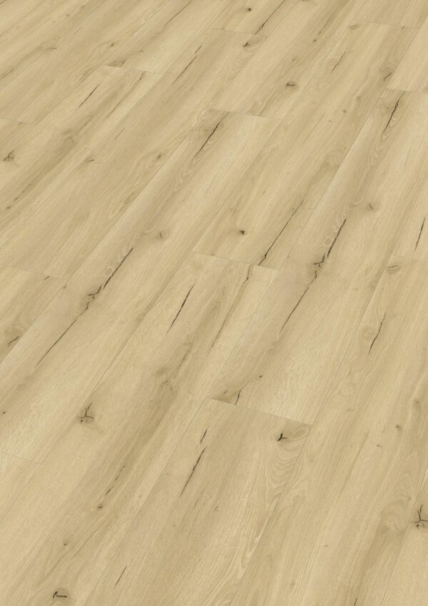 Klikkvinyl gulv i lys eik med naturlig trestruktur og kvistdetaljer