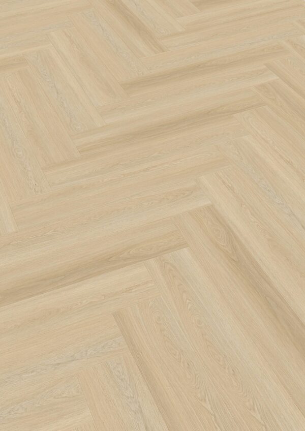 Klikkvinyl gulv i lys eik dekor lagt i fiskebeinsmønster – Easy Listening 20200
