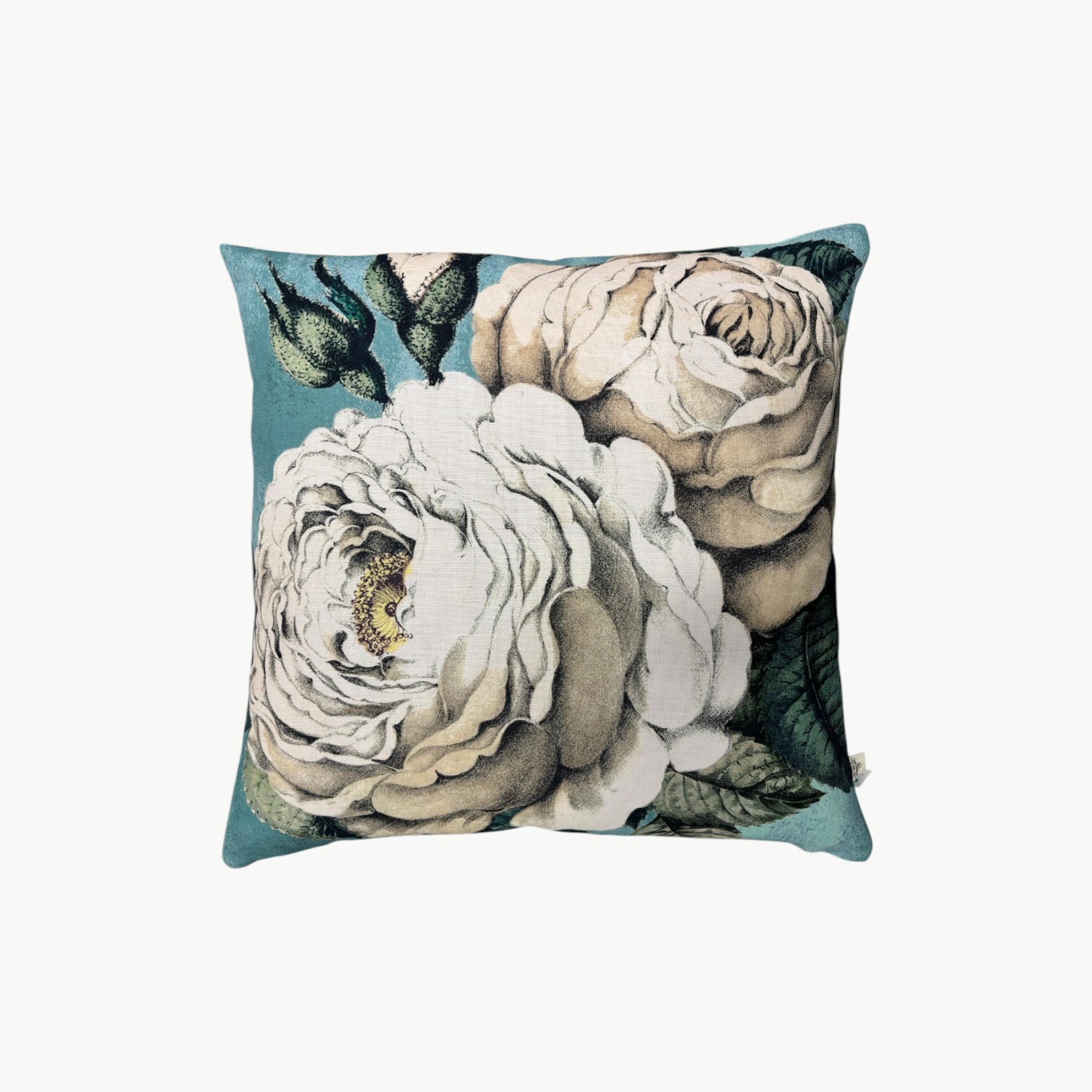 Pyntepute med store hvite blomster på turkis bakgrunn, bakside i ensfarget lys grønn, størrelse 50x50.