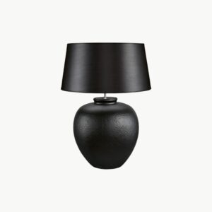 Svart bordlampe i keramikk med strukturert overflate og rund form