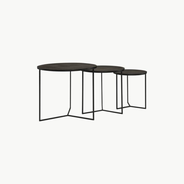 Sett med tre sidebord i svart metall med rund form