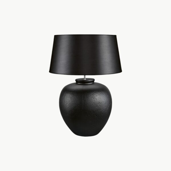 Svart bordlampe i keramikk med strukturert overflate og rund form