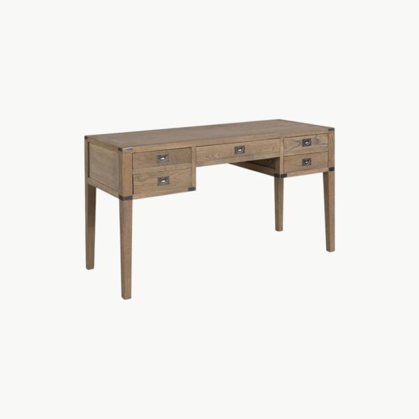 Vermont skrivebord i eik med fem skuffer og detaljer i jern