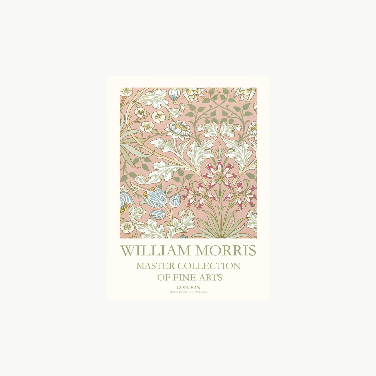 Plakat med Hyacinth-motiv av William Morris med dekorative blomster og ornamenter