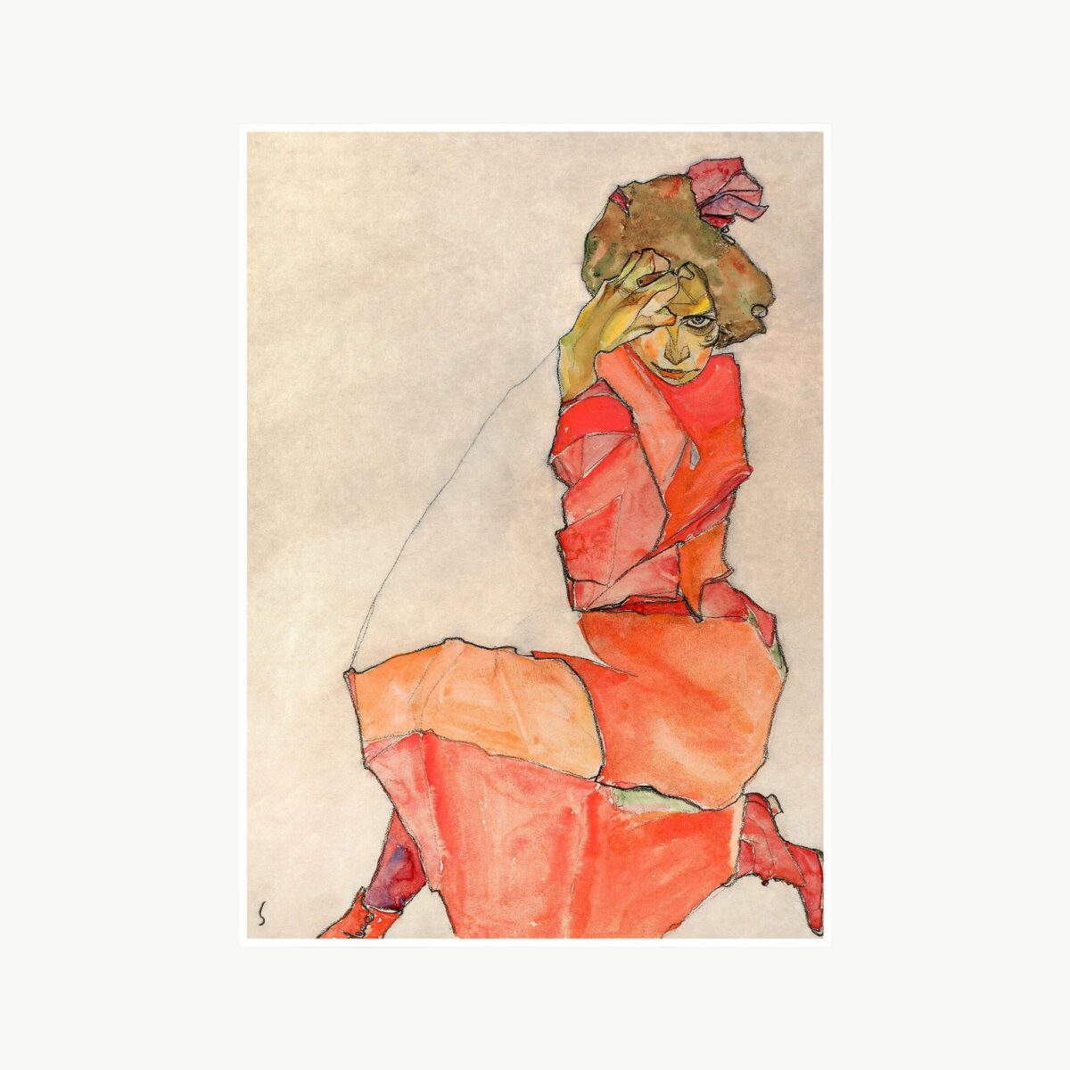 Plakat Kneeling Woman in Red Dress av Egon Schiele i 30x40 cm