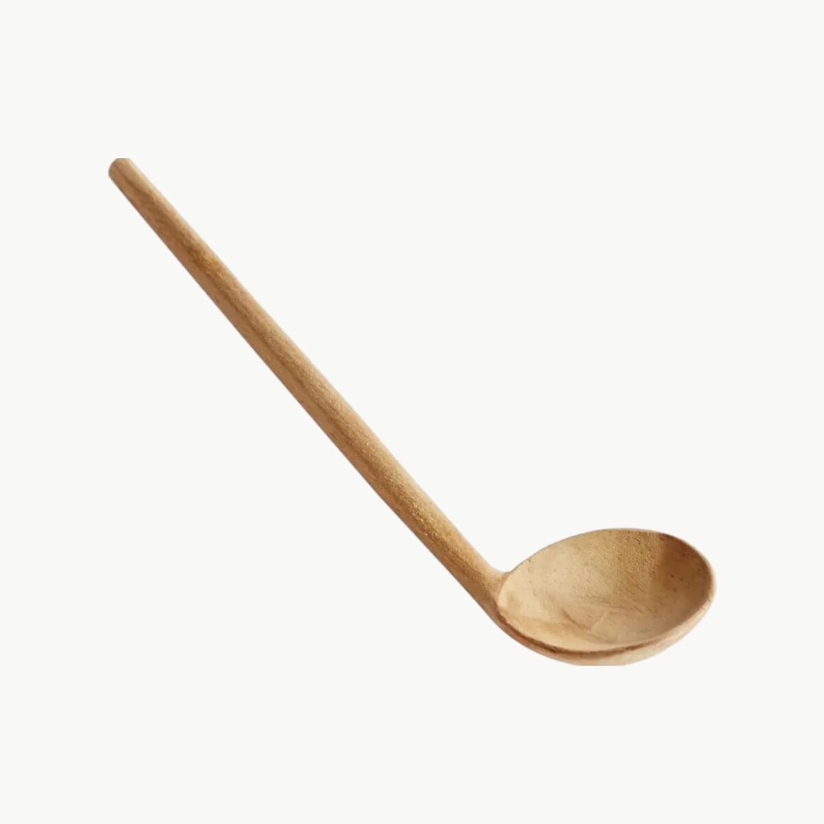 Treskje i teak med rundt hode og langt skaft, 15 cm lengde