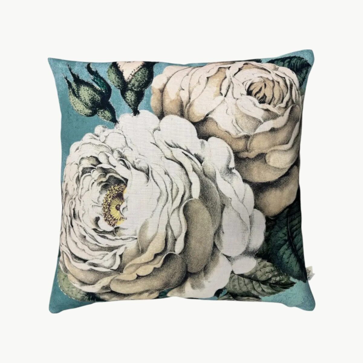 Pyntepute med store hvite blomster på turkis bakgrunn, bakside i ensfarget lys grønn, størrelse 50x50.