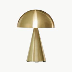 Mush oppladbar bordlampe i Brass fra Hübsch, dimbar og trådløs lampe i metall med avrundet skjerm.