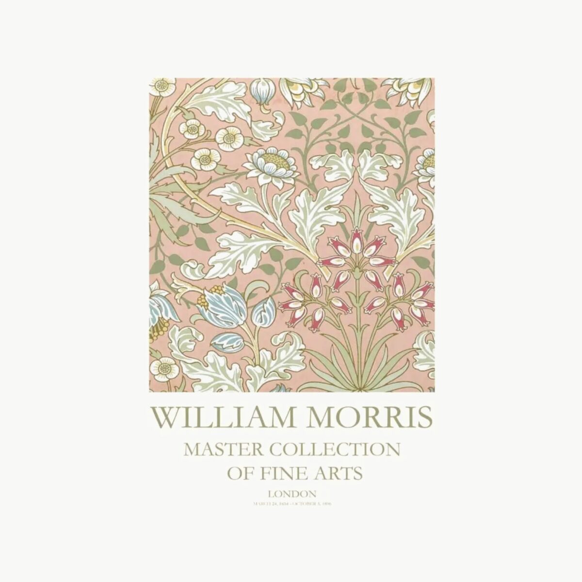 Plakat med Hyacinth-motiv av William Morris med dekorative blomster og ornamenter