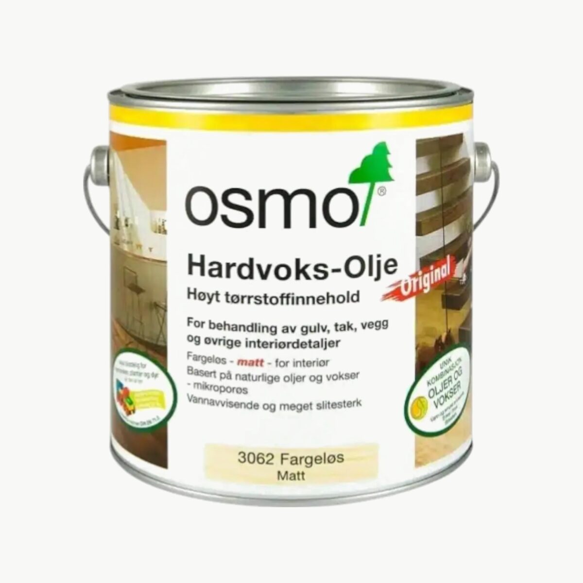 Osmo Hardvoksolje Matt 3062 for behandling av gulv og andre treoverflater innendørs